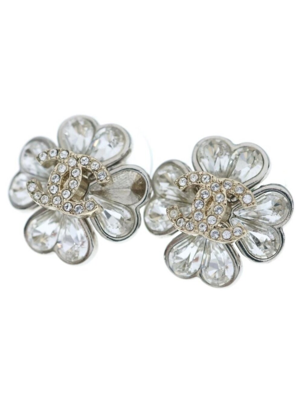Chanel CC Logo Clover Motif Light Stone Earrings Silver